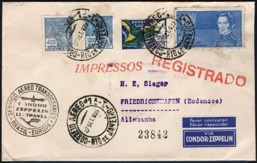 Zeppelin Brasilien 1935 13. SAF Reko-Brief Rio Friedrichshafen Si 323 / 1485