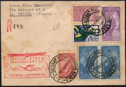 Katapult Brasilien 1934 Erstflug-Stempel Rot Rio La Spezia Italien Catapult/ 174