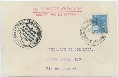 Zeppelin 1934 Brasilien 10. SAF Etappenpost Recife Rio Postkarte Si 281 D / 2572