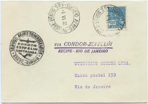 Zeppelin 1935 Brasilien 5. SAF Etappenpost Recife Rio Postkarte Si 303 D / 2586