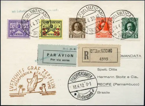 Zeppelin 1932 Vatikan 3. SAF Reko-Karte Citta del Vaticano Recife Brasilien/2604