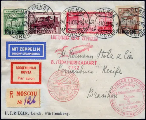 Zeppelin 1932 Russland UdSSR 8. SAF Reko-Brief Moskau 4.10.32 Brasilien / 2605