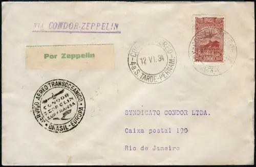 Zeppelin Brasilien 1934 2. SAF Brief Etappe Recife/Pernambuco Rio Si 252 B /1476