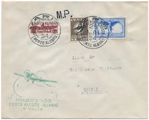 Brasilien 1934 First Flight Erstflug Brief Varig Porto Alegre - Quarai / 1336