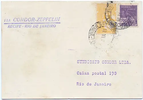 Zeppelin 1935 Brasilien 6. SAF Etappenpost Recife Rio Postkarte Si 306 D / 2587