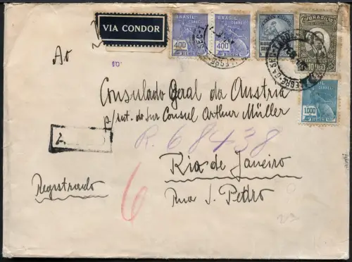 Brasilien 1934 Schwerer Reko-Brief Luftpost Condor 13800 Reis Porto Alegre / 171