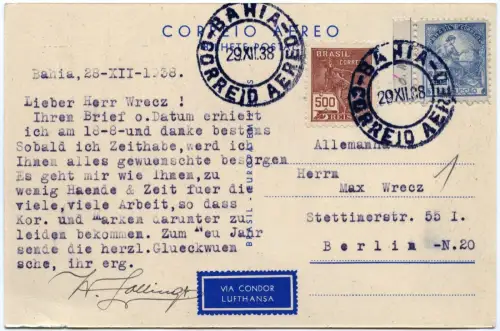 Katapult 1938 Brasilien Condor Weihnachtskarte Bahia Berlin H 709 Catapult/ 1643