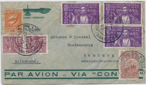 VARIG 1932 Brasilien Brief MiF Santa Cruz Porto Alegre Rio Hamburg / 1548