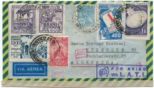 LATI 1941 Brasilien Brief 5400 R 4.9.41 Pernambuco Rom München OKW Zensur / 2066