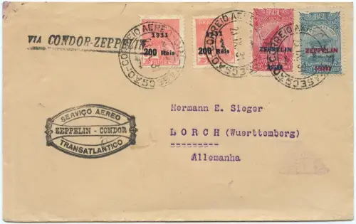Zeppelin 1931 Brasilien 2. SAF Brief Zeppelin-Satzfrankatur Si 130 A/B / 2524