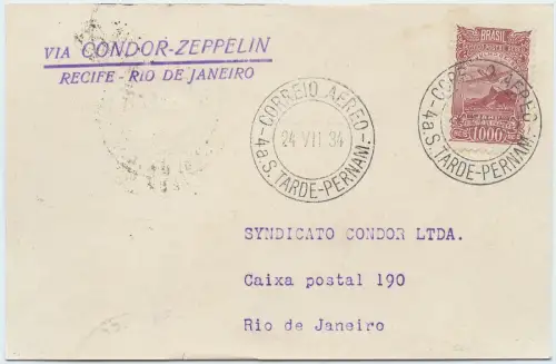 Zeppelin 1934 Brasilien 4. SAF Etappenpost Recife Rio Postkarte Si 261 C / 2564