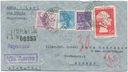 LATI 1941 Brasilien Reko-Brief 6900 R Rio de Janeiro Bremen Zensur Ae / 1927