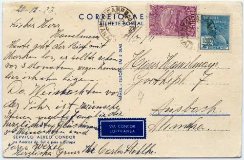 Katapult 1937 Brasilien Weihnachtskarte Campo Grande Ansbach H 604 Catapult/1638