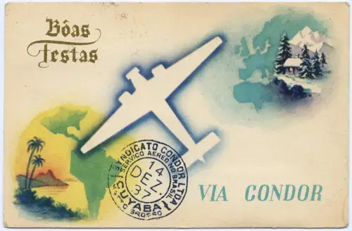 Katapult 1937 Brasilien Condor-Weihnachtskarte Cuyaba CH H 602 Catapult / 1305