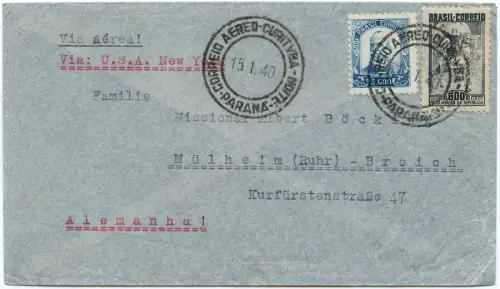 Brasilien 1940 Flugpost via New York US Clipper Lissabon Rom Mülheim Broich/2052