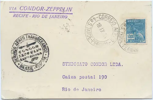 Zeppelin 1934 Brasilien 8. SAF Etappenpost Recife Rio Postkarte Si 275 D / 2568