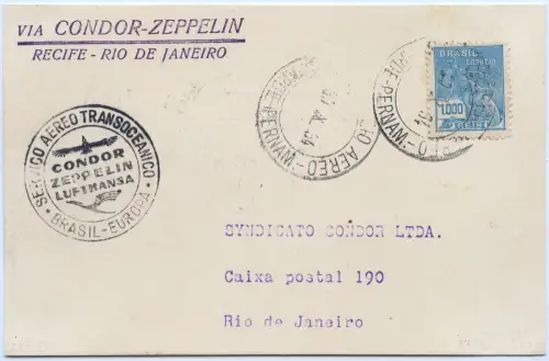 Zeppelin 1934 Brasilien 11. SAF Etappenpost Recife Rio Postkarte Si 284 D / 2573