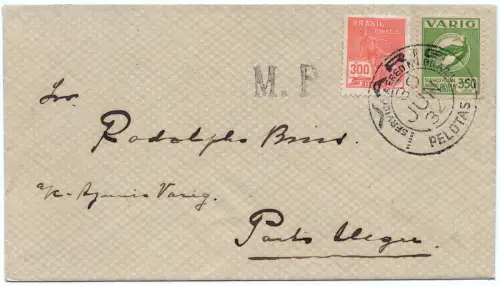 Brasilien 1934 VARIG Luftpost-Brief MiF V 36 Pelotas Porto Alegre Letztag / 1382