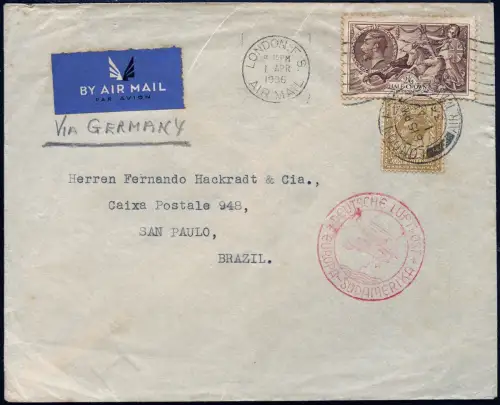 Katapult 1936 GB Brief MiF Seahorse 2/6 London Brasilien Catapult H 453 / 1073