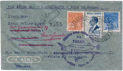 Brasilien 1939 FFC Reko-Erstflugbrief Panair Rio - Pocos de Caldas / 1333