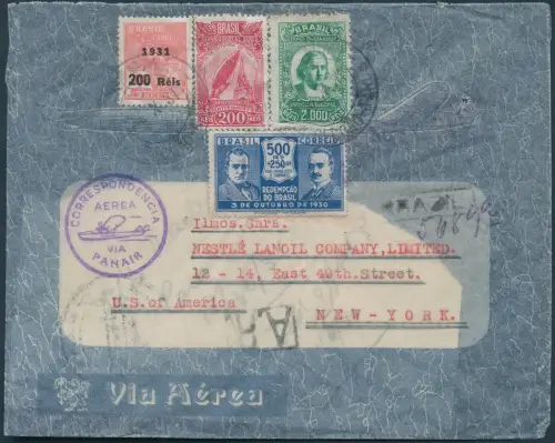 Brasilien 1931 AR Reko-Flugpostbrief Panair Para New York USA / 1310