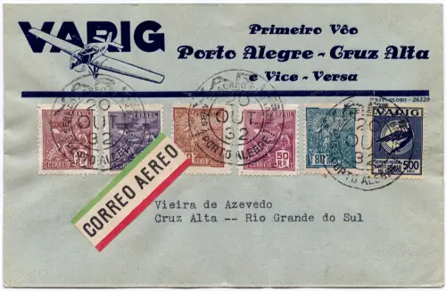Brasilien 1932 First Flight Erstflug Varig 20.10.32 Porto Alegre Cruz Alta/ 1282