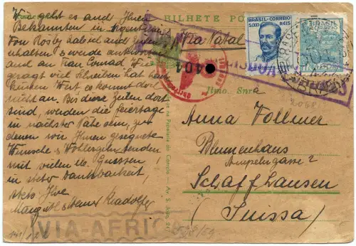 Brasilien 1942 Karte Natal via Africa Lisboa Londres Schweiz Zensur OKW / 1293