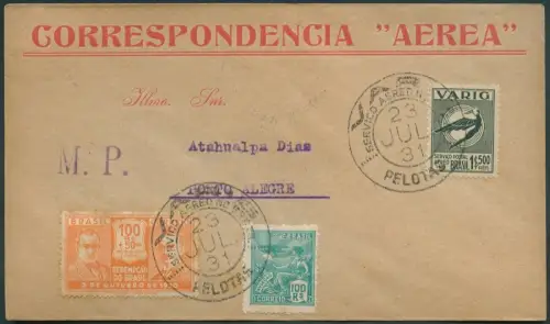 Brasilien 1931 VARIG Luftpost-Brief MiF V21 Pelotas nach Porto Alegre / 13