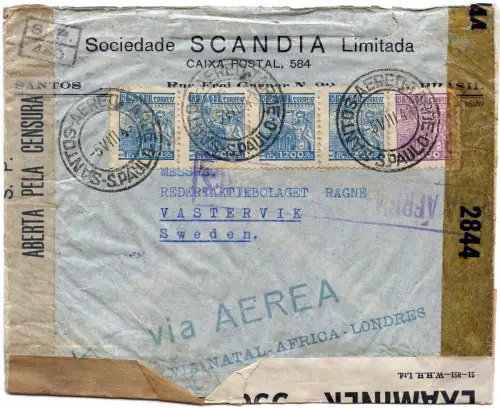 Brasilien 1943 Flugpost Brief Sao Paulo Afrika London Schweden 3x Zensur / 1393