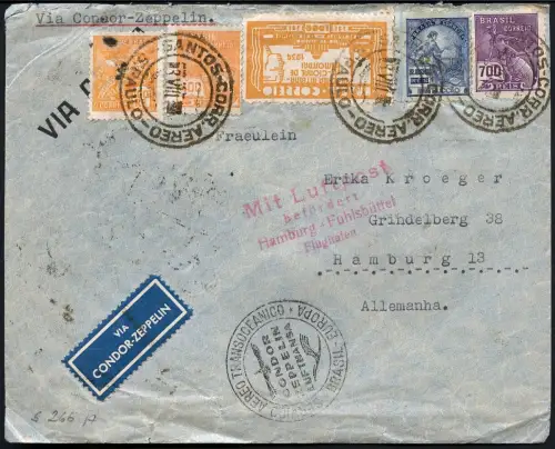 Zeppelin Brasilien 1934 5. SAF MiF aus Santos nach Hamburg Si 266 A / 1468