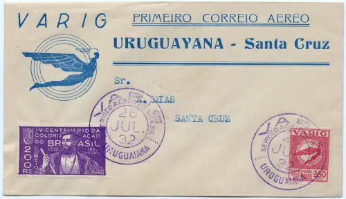 Brasilien 1932 First Flight Erstflug Varig Uruguayana - Santa Cruz Brief / 1349