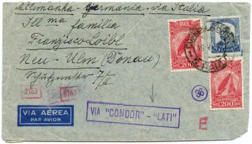 LATI 1941 Brasilien Brief 5400 R Sao Paulo Neu-Ulm OKW Zensur München / 1967