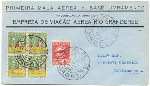 Brasilien 1932 First Flight FFC Erstflug Varig Bage Livramento Brief / 1501