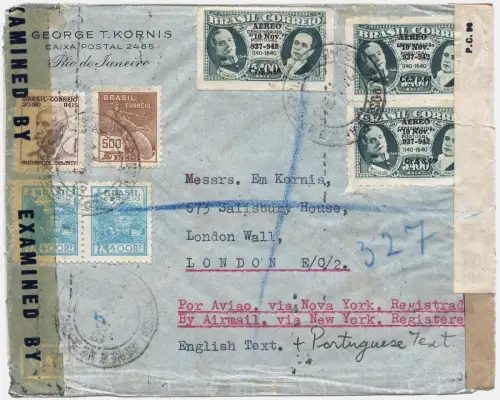 Brasilien 1943 Flugpost Reko-Brief Rio New York London GB Zensur / 1394
