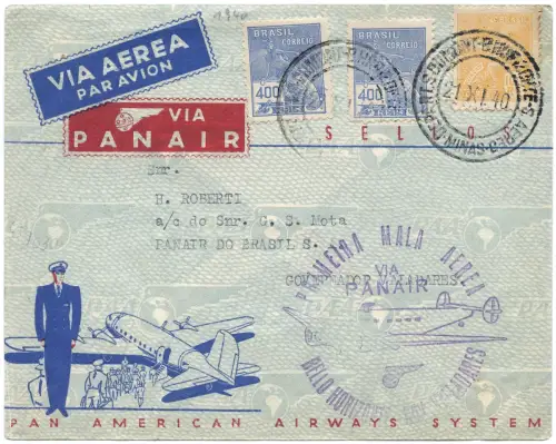 Brasilien 1940 First Flight Erstflug Panair Belo Horizonte Gov. Valladares/ 1328