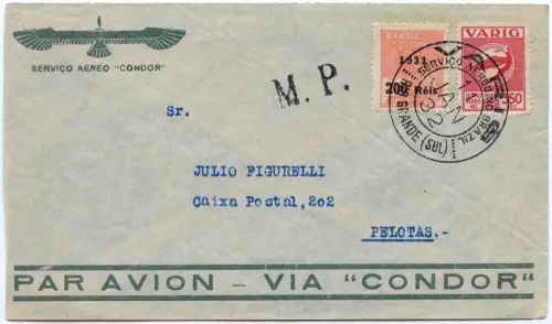 VARIG 1932 Brasilien Condor-Brief MiF Rio Grande do Sul nach Pelotas / 1552