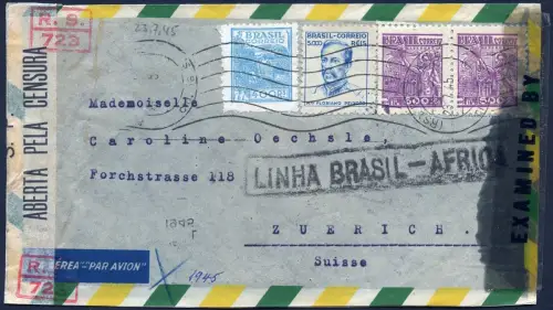Brasilien 1945 Flugpost Brief aus Rio Grande Zürich Schweiz Zensur 2x / 1388