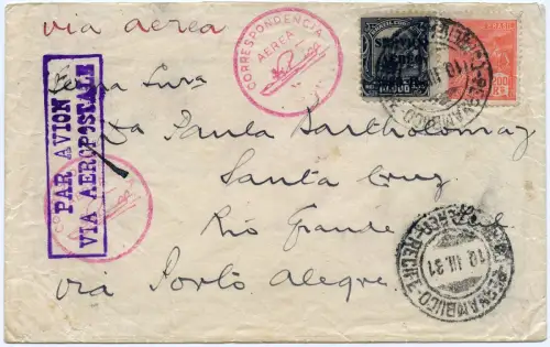 Brasilien 1931 Flugpostbrief Aeropostale Recife Porto Alegre Santa Cruz / 1379