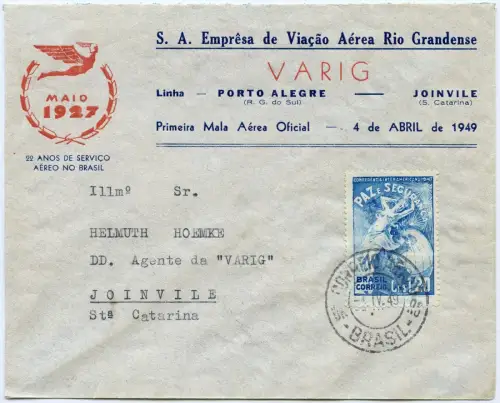 Brasilien 1949 First Flight FFC Erstflug VARIG Porto Alegre Joinvile Brief/1508