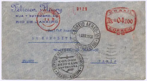 Katapult 1936 Brasilien Rio Paris Frankreich Freistempel H 452 Catapult/ 1303