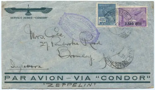 Zeppelin 1931 Brasilien 2. SAF Brief Flugpost-Frankatur England Si 130 C / 2522
