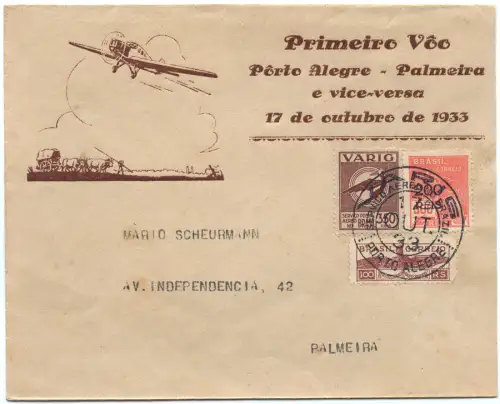 Brasilien 1933 First Flight FFC Erstflug VARIG Porto Alegre Palmeira Brief/ 1506