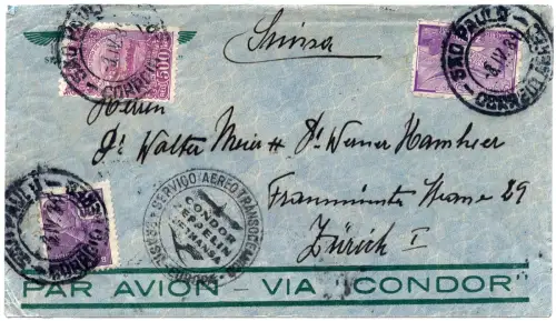 Katapult 1934 Brasilien Brief Sao Paulo Zürich Schweiz H 309 Catapult / 1296