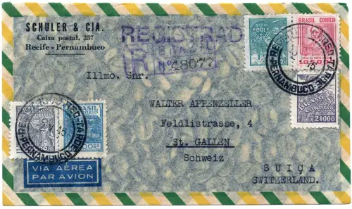 Brasilien 1946 Reko-Flugpostbrief Recife Pernambuco St. Gallen Schweiz / 1307
