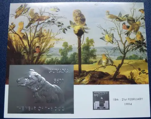 Guyana 1994 Jahr des Hundes Eule Vögel Gemälde Dog Owl Bird Silber Block 384 MNH