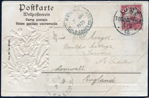 Togo 1905 Präge-AK Kirche Lome 1.3.05 via Kwitta Accra Goldküste England / 63