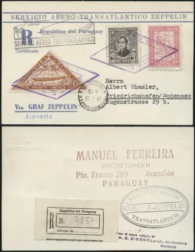 Zeppelin Paraguay 1932 3. SAF Reko-Postkarte an Maschinist Thasler Si 155/ 1489