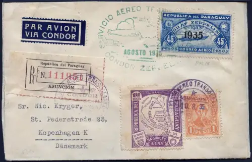 Zeppelin 1935 Paraguay 10. SAF Reko-Brief 45 Pesos Dänemark Si 0316 / 2364