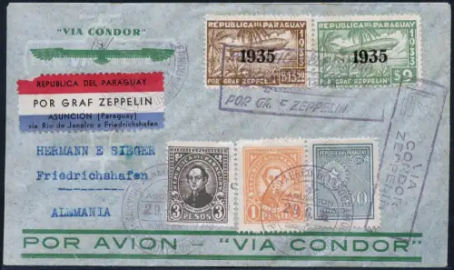 Zeppelin Paraguay 1935 7. SAF Reko-Brief MiF nach Deutschland Si 310 / 1444