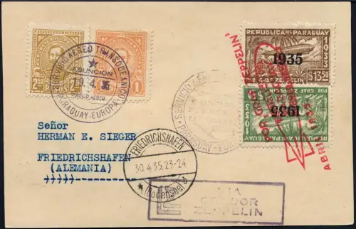 Zeppelin Paraguay 1935 3. SAF Reko-Postkarte Asuncion Deutschland Si 295/ 1707